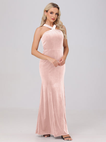 Sheath Halter Sleeveless Open Back Maxi Velvet Bridesmaid Dresses