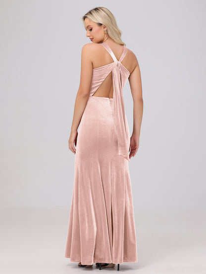 Sheath Halter Sleeveless Open Back Maxi Velvet Bridesmaid Dresses
