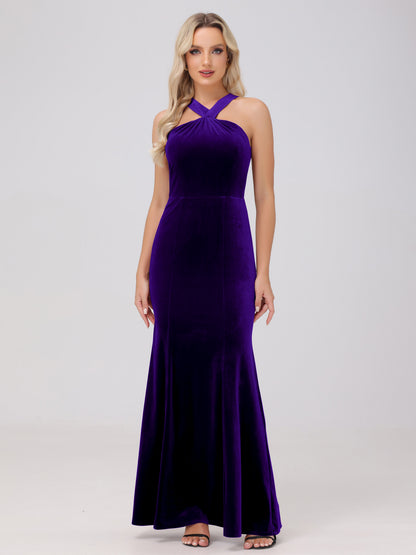 Sheath Halter Sleeveless Open Back Maxi Velvet Bridesmaid Dresses