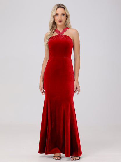 Sheath Halter Sleeveless Open Back Maxi Velvet Bridesmaid Dresses