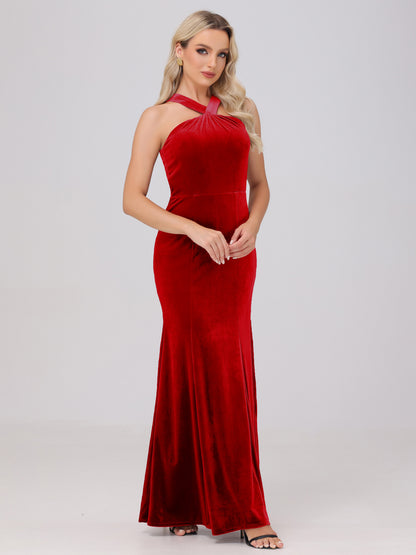 Sheath Halter Sleeveless Open Back Maxi Velvet Bridesmaid Dresses