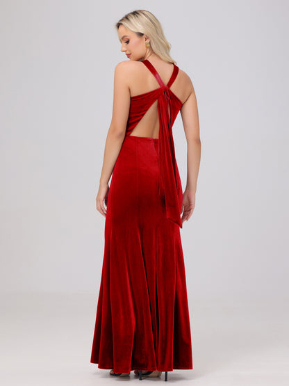 Sheath Halter Sleeveless Open Back Maxi Velvet Bridesmaid Dresses