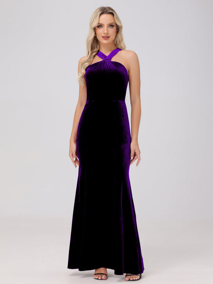 Sheath Halter Sleeveless Open Back Maxi Velvet Bridesmaid Dresses