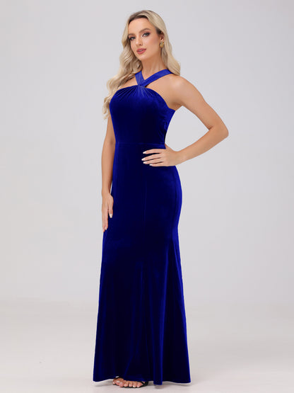 Sheath Halter Sleeveless Open Back Maxi Velvet Bridesmaid Dresses