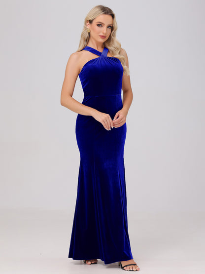 Sheath Halter Sleeveless Open Back Maxi Velvet Bridesmaid Dresses