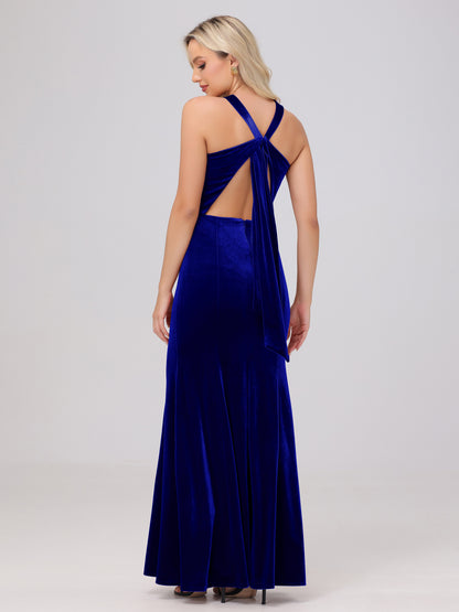 Sheath Halter Sleeveless Open Back Maxi Velvet Bridesmaid Dresses