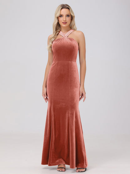 Sheath Halter Sleeveless Open Back Maxi Velvet Bridesmaid Dresses