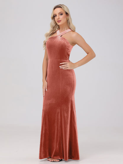 Sheath Halter Sleeveless Open Back Maxi Velvet Bridesmaid Dresses