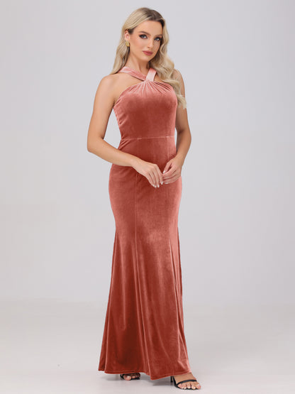 Sheath Halter Sleeveless Open Back Maxi Velvet Bridesmaid Dresses