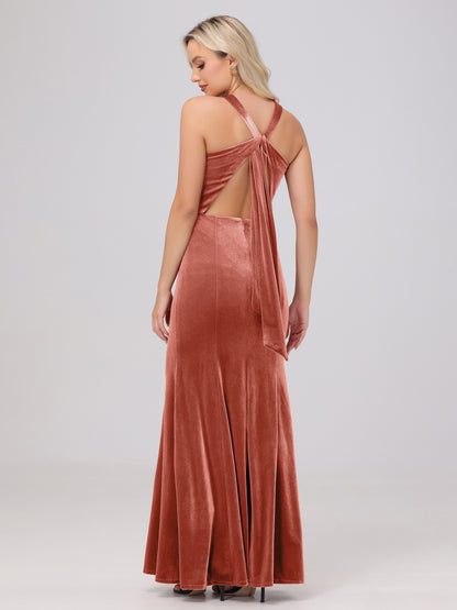 Sheath Halter Sleeveless Open Back Maxi Velvet Bridesmaid Dresses