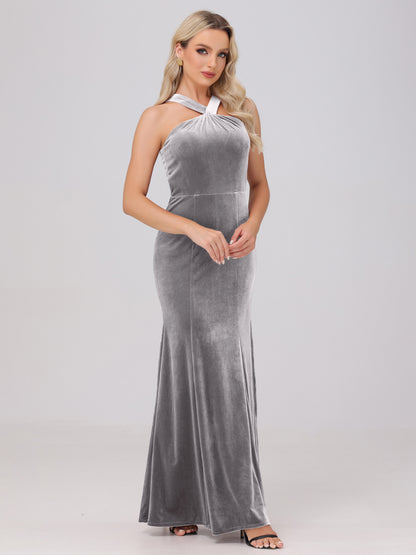 Sheath Halter Sleeveless Open Back Maxi Velvet Bridesmaid Dresses