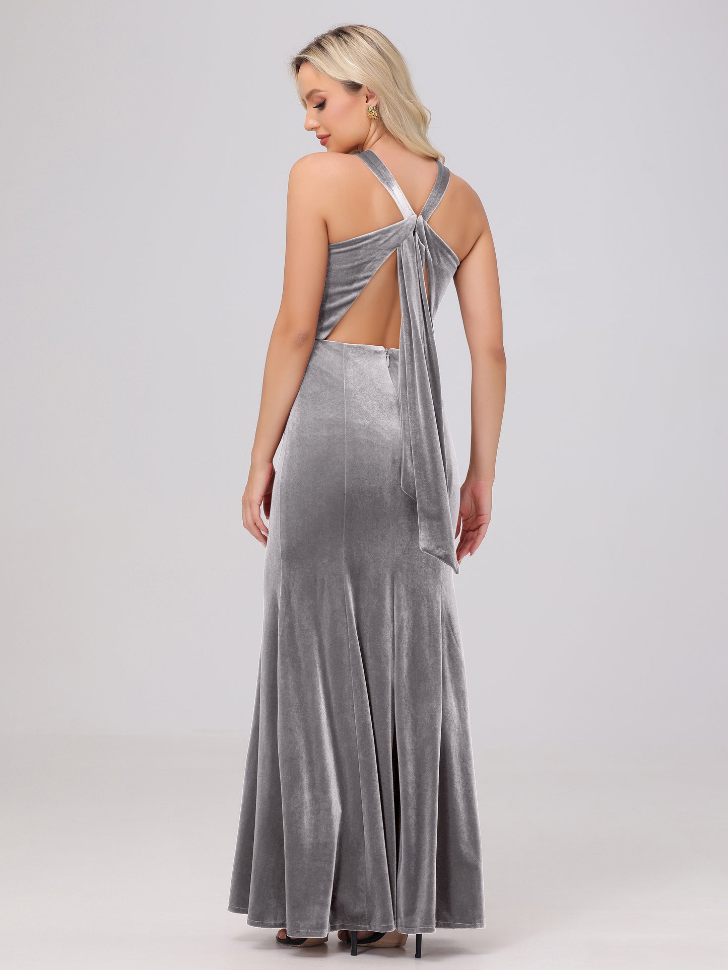 Sheath Halter Sleeveless Open Back Maxi Velvet Bridesmaid Dresses