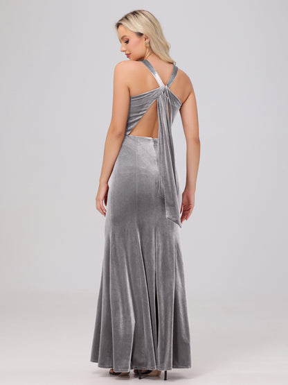 Sheath Halter Sleeveless Open Back Maxi Velvet Bridesmaid Dresses