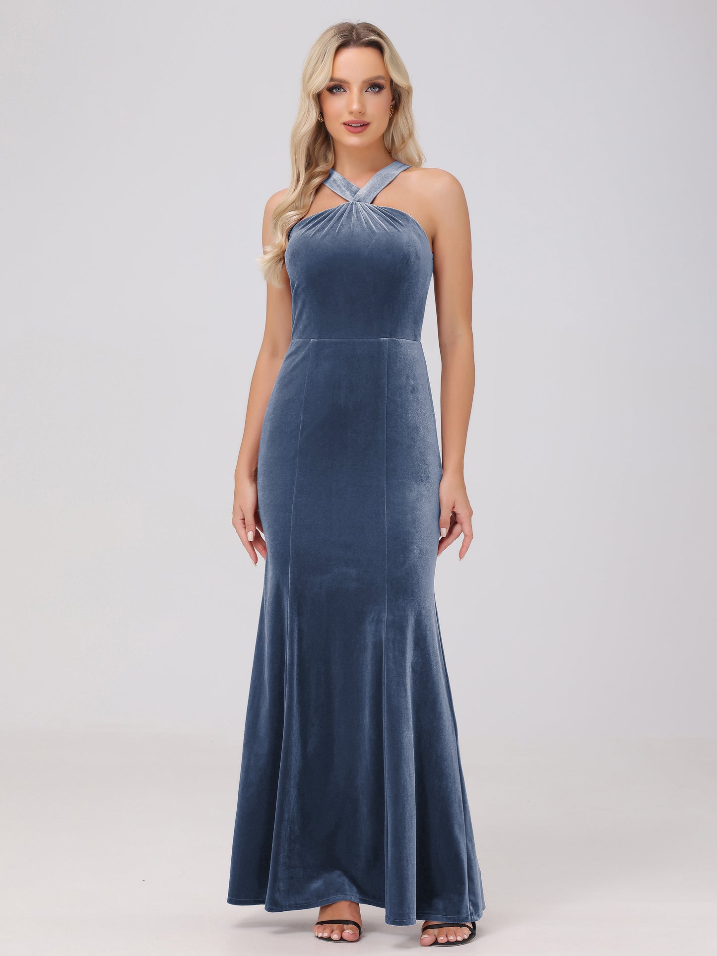 Sheath Halter Sleeveless Open Back Maxi Velvet Bridesmaid Dresses