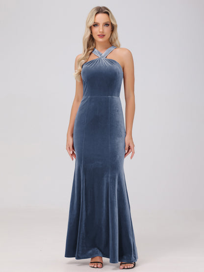 Sheath Halter Sleeveless Open Back Maxi Velvet Bridesmaid Dresses