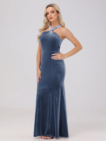 Sheath Halter Sleeveless Open Back Maxi Velvet Bridesmaid Dresses
