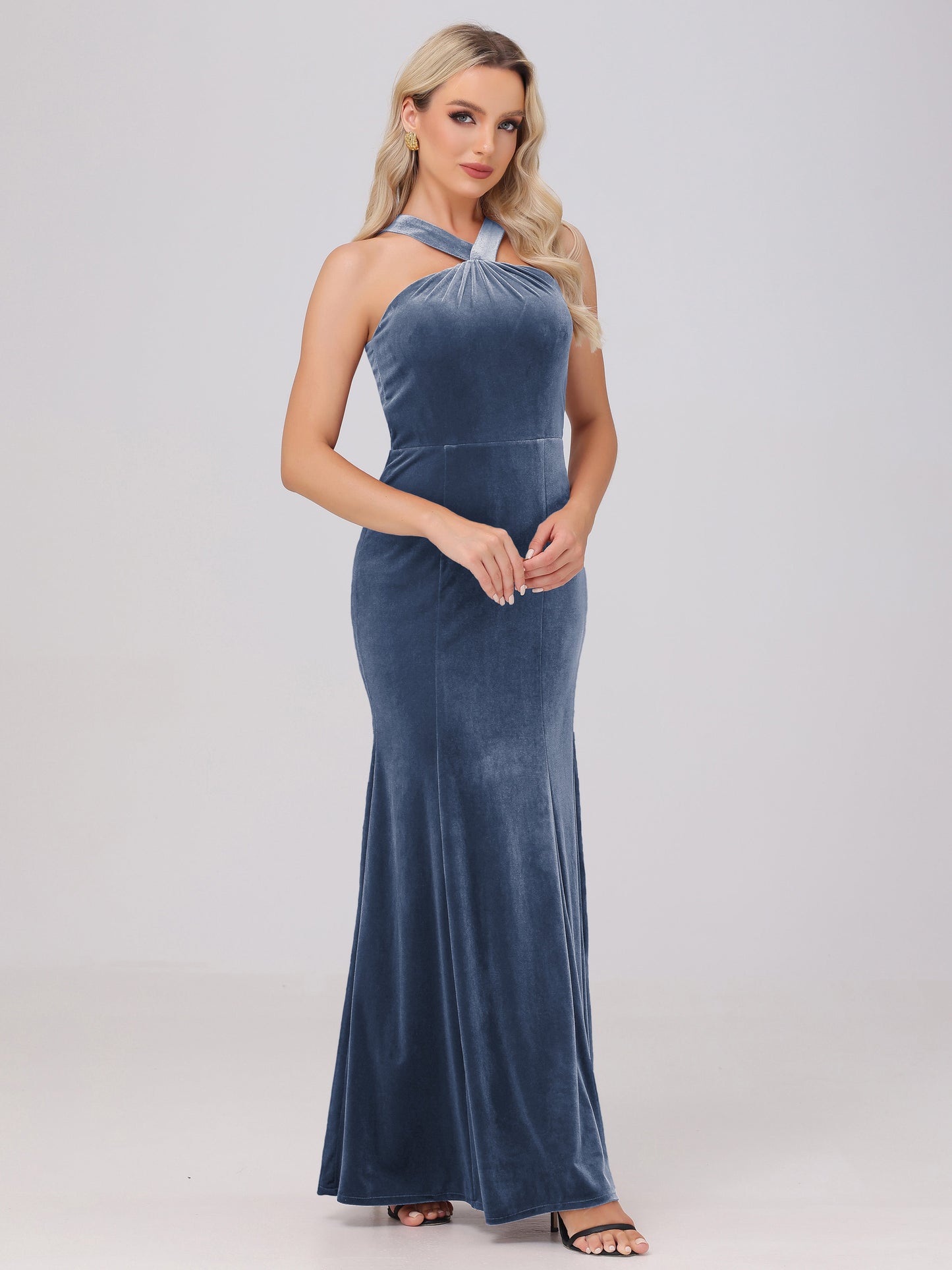 Sheath Halter Sleeveless Open Back Maxi Velvet Bridesmaid Dresses