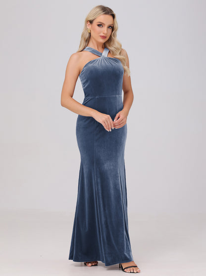Sheath Halter Sleeveless Open Back Maxi Velvet Bridesmaid Dresses
