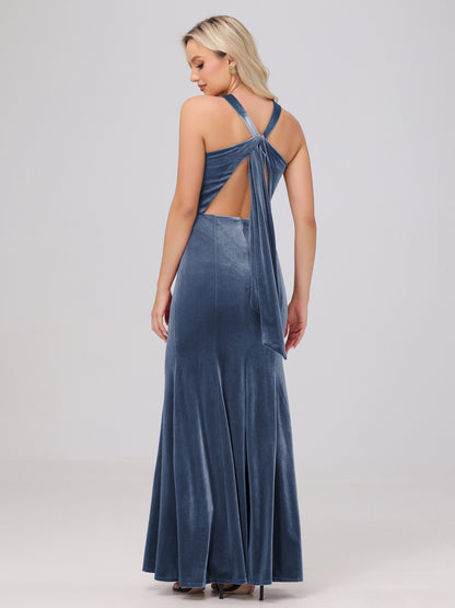 Sheath Halter Sleeveless Open Back Maxi Velvet Bridesmaid Dresses