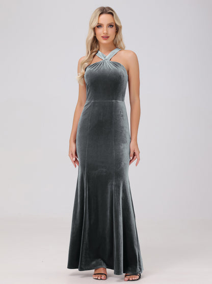 Sheath Halter Sleeveless Open Back Maxi Velvet Bridesmaid Dresses