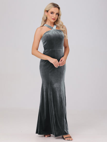Sheath Halter Sleeveless Open Back Maxi Velvet Bridesmaid Dresses