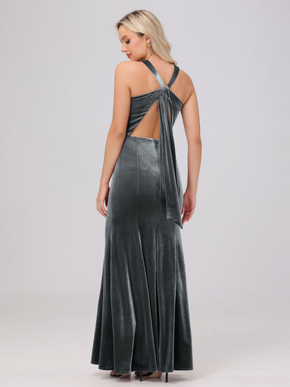 Sheath Halter Sleeveless Open Back Maxi Velvet Bridesmaid Dresses