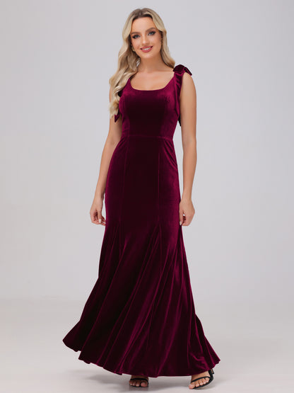 Sheath Square Neck with Bowknot Straps Velvet Bridesmaid Dresses