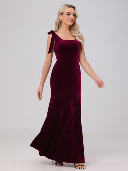 Sheath Square Neck with Bowknot Straps Velvet Bridesmaid Dresses