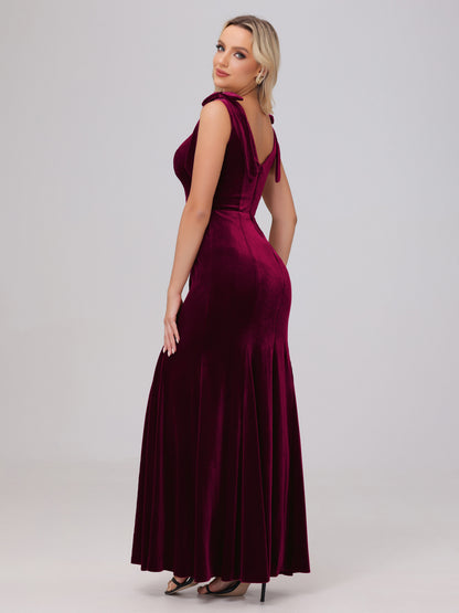 Sheath Square Neck with Bowknot Straps Velvet Bridesmaid Dresses
