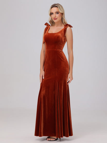 Sheath Square Neck with Bowknot Straps Velvet Bridesmaid Dresses