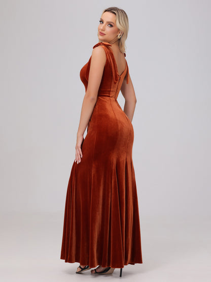 Sheath Square Neck with Bowknot Straps Velvet Bridesmaid Dresses