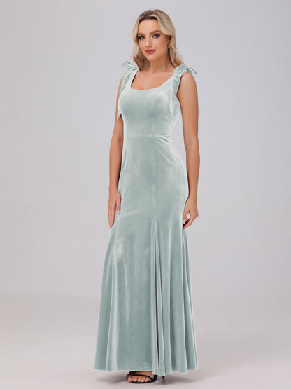 Sheath Square Neck with Bowknot Straps Velvet Bridesmaid Dresses