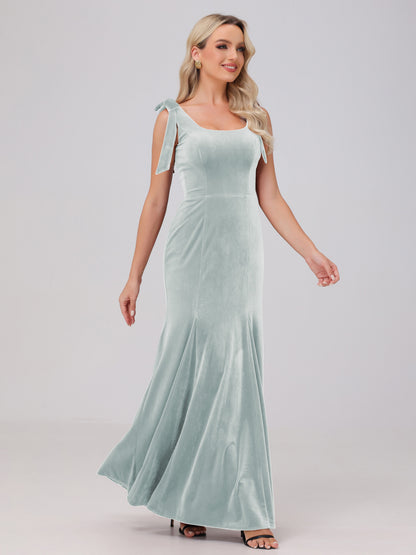 Sheath Square Neck with Bowknot Straps Velvet Bridesmaid Dresses