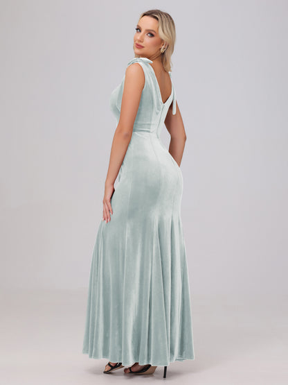 Sheath Square Neck with Bowknot Straps Velvet Bridesmaid Dresses