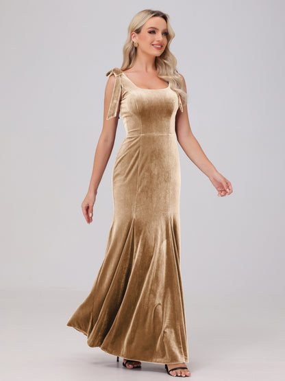 Sheath Square Neck with Bowknot Straps Velvet Bridesmaid Dresses