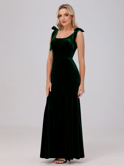 Sheath Square Neck with Bowknot Straps Velvet Bridesmaid Dresses