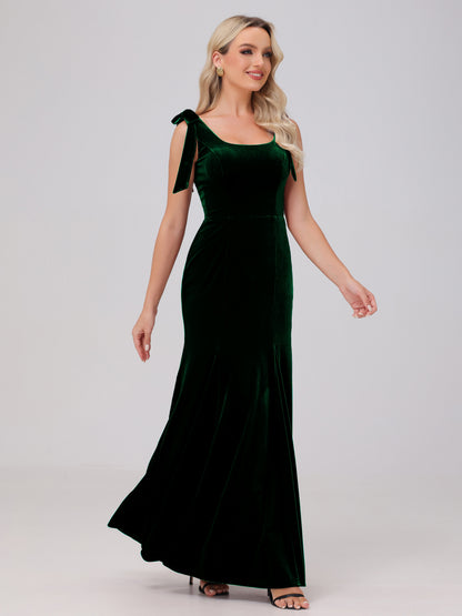 Sheath Square Neck with Bowknot Straps Velvet Bridesmaid Dresses