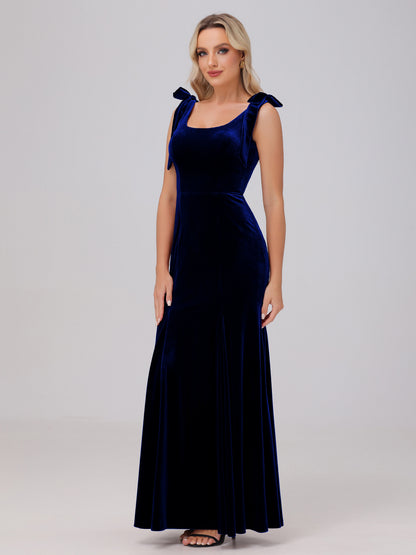 Sheath Square Neck with Bowknot Straps Velvet Bridesmaid Dresses