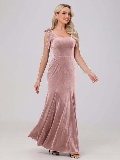 Sheath Square Neck with Bowknot Straps Velvet Bridesmaid Dresses