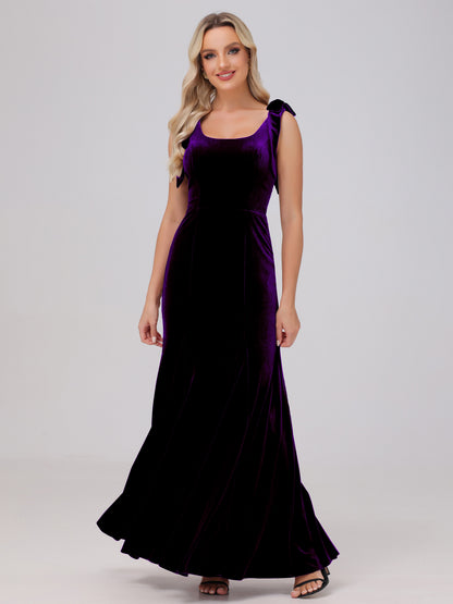 Sheath Square Neck with Bowknot Straps Velvet Bridesmaid Dresses