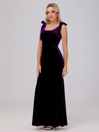 Sheath Square Neck with Bowknot Straps Velvet Bridesmaid Dresses