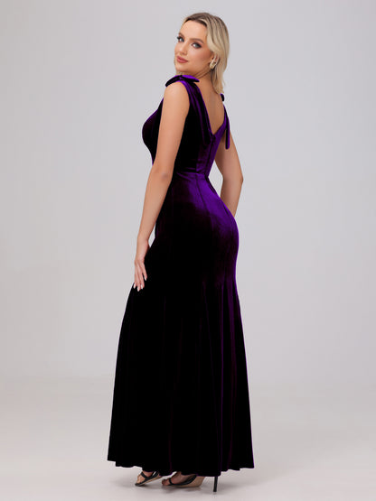 Sheath Square Neck with Bowknot Straps Velvet Bridesmaid Dresses