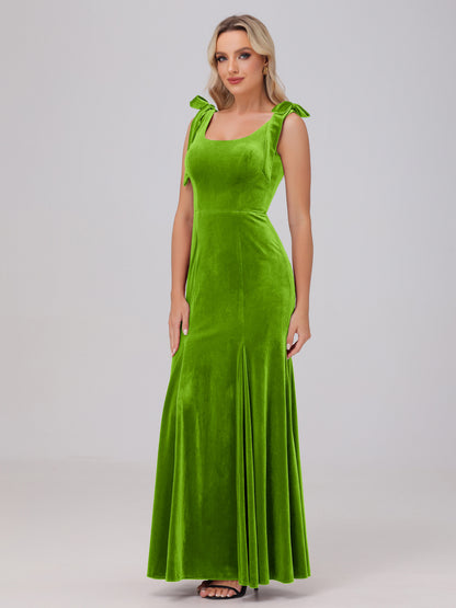 Sheath Square Neck with Bowknot Straps Velvet Bridesmaid Dresses
