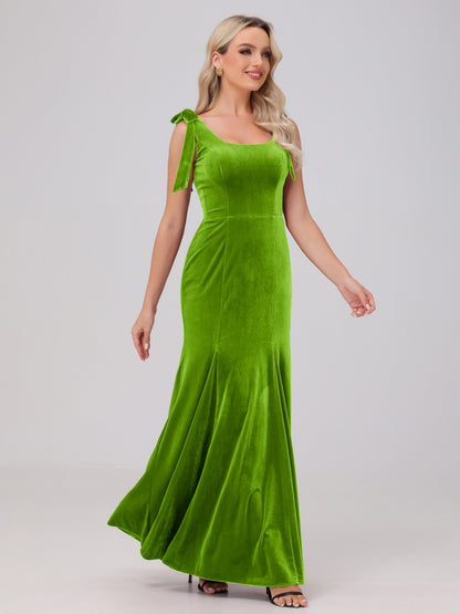 Sheath Square Neck with Bowknot Straps Velvet Bridesmaid Dresses