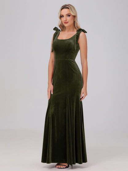 Sheath Square Neck with Bowknot Straps Velvet Bridesmaid Dresses