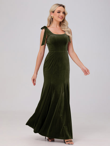 Sheath Square Neck with Bowknot Straps Velvet Bridesmaid Dresses