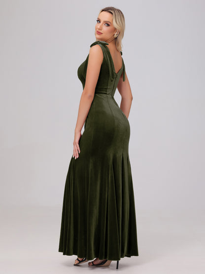 Sheath Square Neck with Bowknot Straps Velvet Bridesmaid Dresses