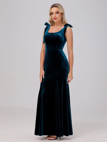Sheath Square Neck with Bowknot Straps Velvet Bridesmaid Dresses