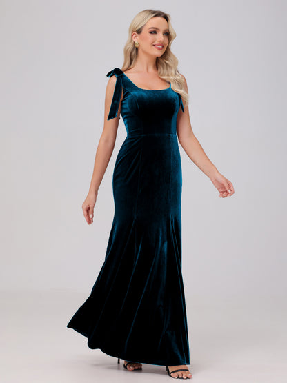 Sheath Square Neck with Bowknot Straps Velvet Bridesmaid Dresses