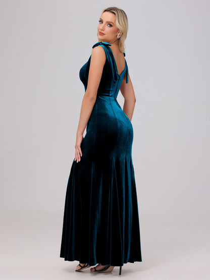 Sheath Square Neck with Bowknot Straps Velvet Bridesmaid Dresses